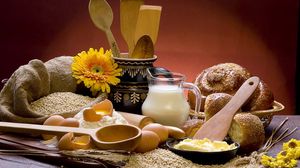 Preview wallpaper milk, cheese, eggs, bread, still life, components