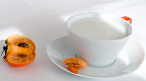 Preview wallpaper milk, persimmon, cup, sliced