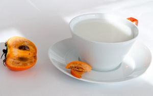 Preview wallpaper milk, persimmon, cup, sliced