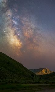 Preview wallpaper milky way, hills, grass, night