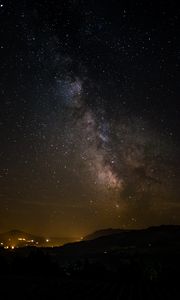 Preview wallpaper milky way, night, hills, lights, dark