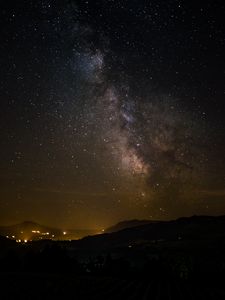 Preview wallpaper milky way, night, hills, lights, dark