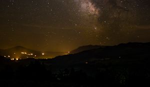 Preview wallpaper milky way, night, hills, lights, dark