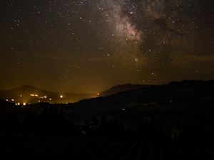 Preview wallpaper milky way, night, hills, lights, dark