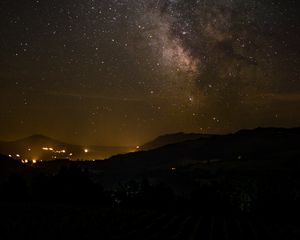 Preview wallpaper milky way, night, hills, lights, dark