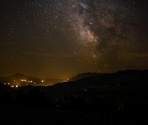 Preview wallpaper milky way, night, hills, lights, dark