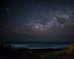 Preview wallpaper milky way, night, river, shore, grass