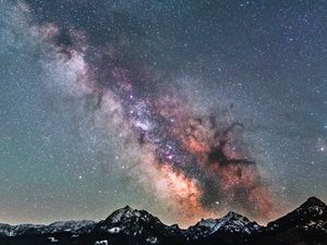 Preview wallpaper milky way, starry sky, mountains, peaks