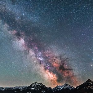 Preview wallpaper milky way, starry sky, mountains, peaks