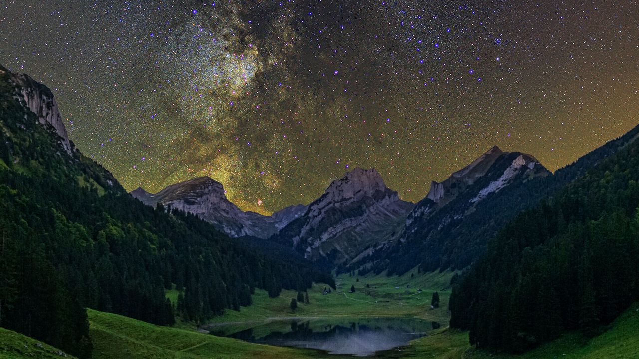 Wallpaper milky way, starry sky, stars, valley, mountains