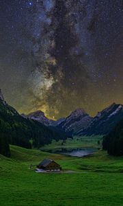 Preview wallpaper milky way, starry sky, stars, valley, mountains