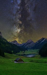 Preview wallpaper milky way, starry sky, stars, valley, mountains