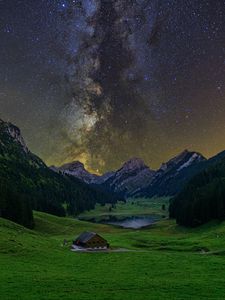 Preview wallpaper milky way, starry sky, stars, valley, mountains