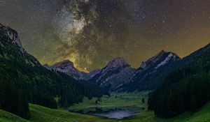 Preview wallpaper milky way, starry sky, stars, valley, mountains