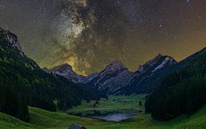 Preview wallpaper milky way, starry sky, stars, valley, mountains