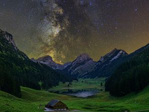 Preview wallpaper milky way, starry sky, stars, valley, mountains