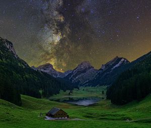 Preview wallpaper milky way, starry sky, stars, valley, mountains