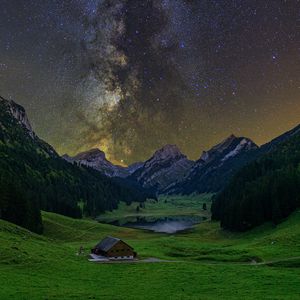 Preview wallpaper milky way, starry sky, stars, valley, mountains