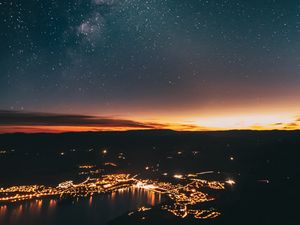 Preview wallpaper milky way, stars, city, lights, night, aerial view, dark