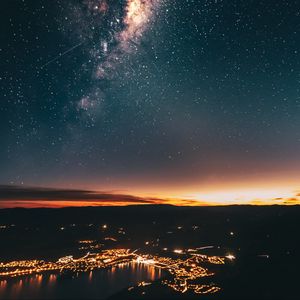 Preview wallpaper milky way, stars, city, lights, night, aerial view, dark