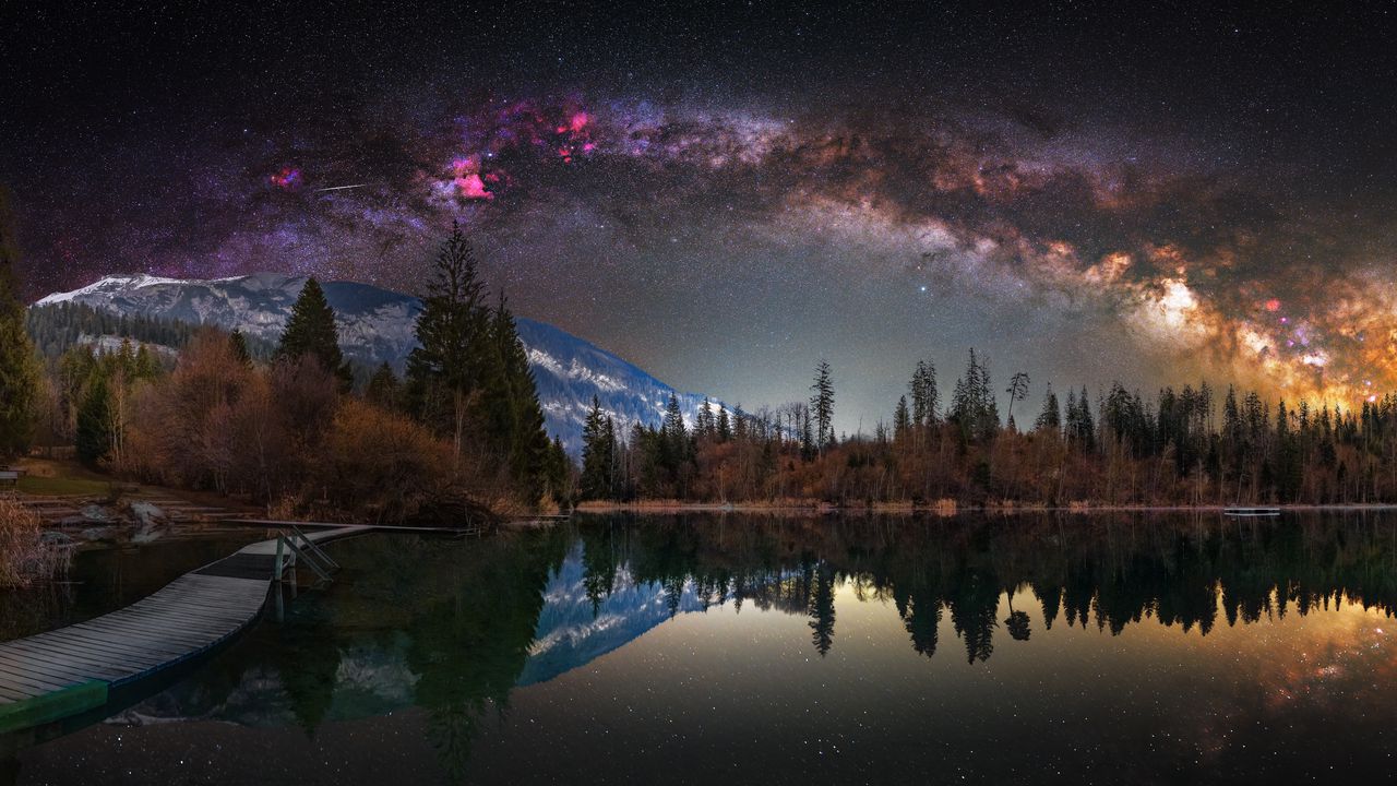 Wallpaper milky way, stars, mountains, lake, trees, landscape, night