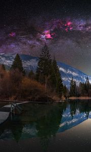Preview wallpaper milky way, stars, mountains, lake, trees, landscape, night