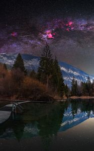 Preview wallpaper milky way, stars, mountains, lake, trees, landscape, night