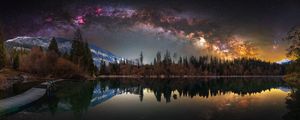 Preview wallpaper milky way, stars, mountains, lake, trees, landscape, night