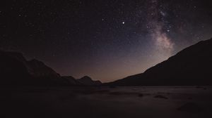 Preview wallpaper milky way, stars, mountains, silhouettes, night, dark
