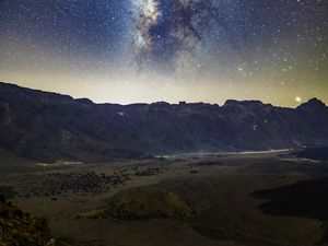 Preview wallpaper milky way, stars, mountains, night, landscape, nature