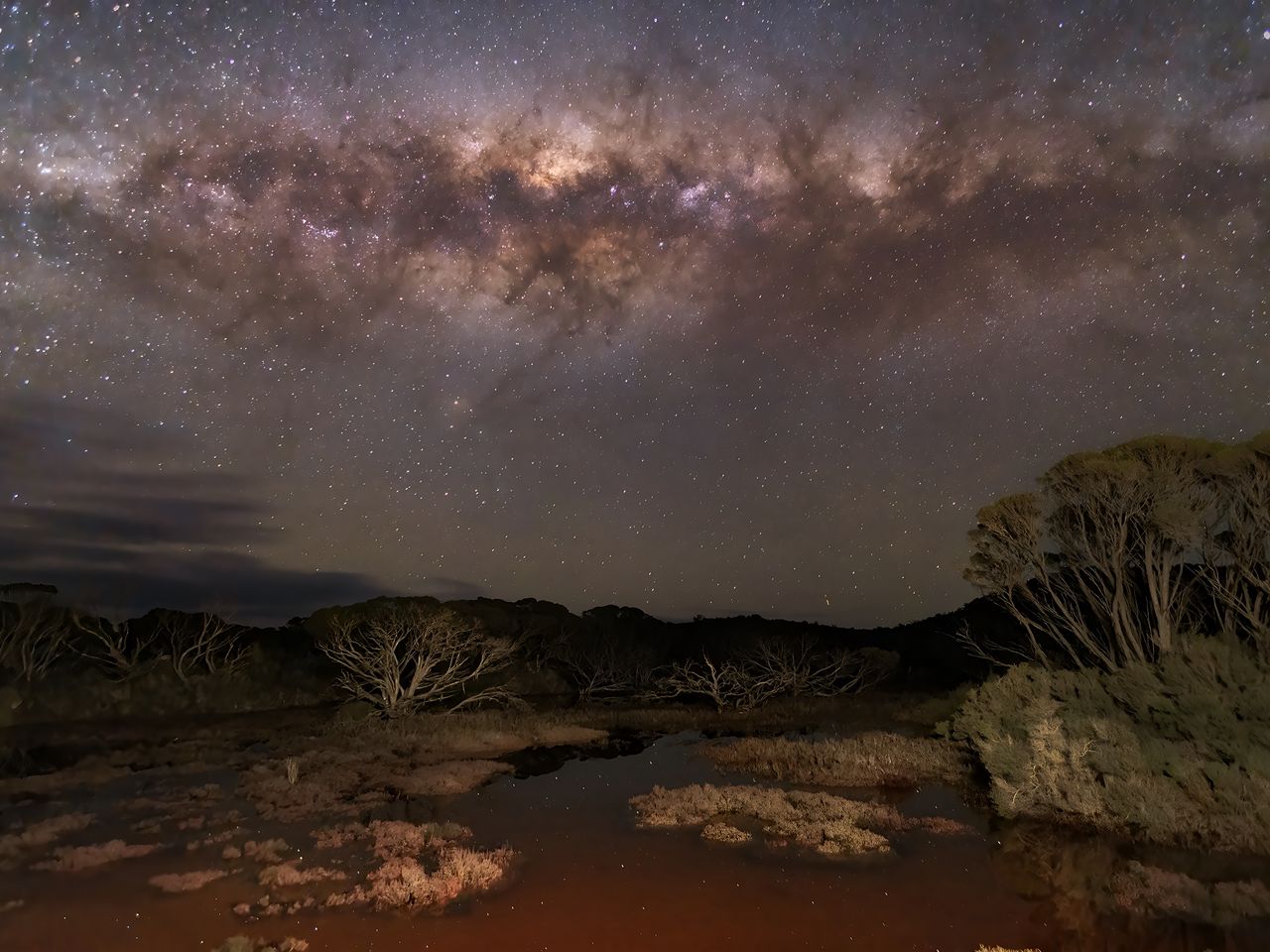 1280x960 Wallpaper milky way, stars, sky, space, trees, dark, landscape