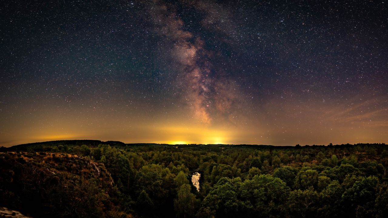 Wallpaper milky way, stars, starry sky, forest, river