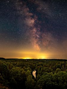 Preview wallpaper milky way, stars, starry sky, forest, river