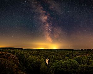 Preview wallpaper milky way, stars, starry sky, forest, river