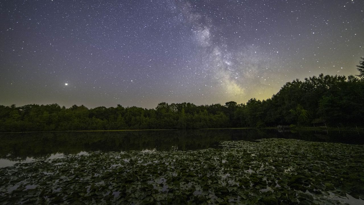 Wallpaper milky way, stars, trees, lake, night, landscape