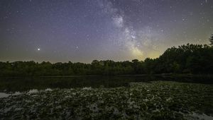 Preview wallpaper milky way, stars, trees, lake, night, landscape