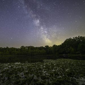 Preview wallpaper milky way, stars, trees, lake, night, landscape