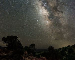 Preview wallpaper milky way, trees, silhouettes, night, dark