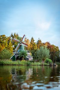 Preview wallpaper mill, building, lake, trees, bushes