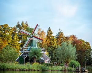 Preview wallpaper mill, building, lake, trees, bushes