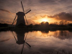 Preview wallpaper mill, decline, evening, lake