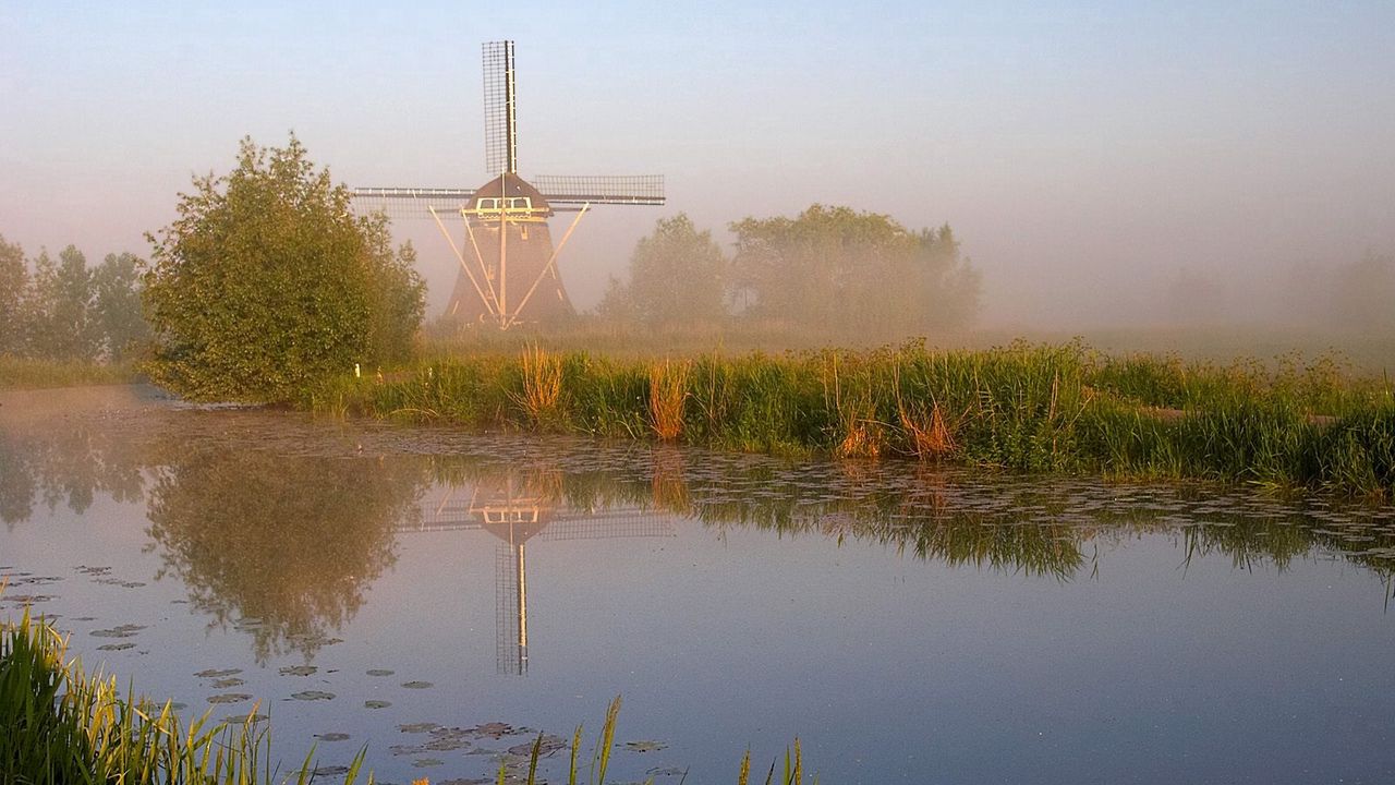 Wallpaper mill, river, coast, fog, morning, grass