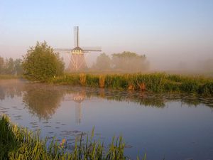 Preview wallpaper mill, river, coast, fog, morning, grass