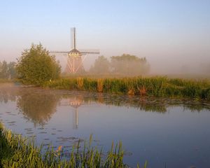 Preview wallpaper mill, river, coast, fog, morning, grass