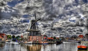 Preview wallpaper mill, river, homes, landscape, hdr