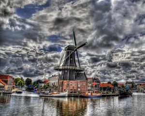 Preview wallpaper mill, river, homes, landscape, hdr