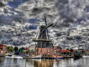 Preview wallpaper mill, sky, clouds, buildings, hdr