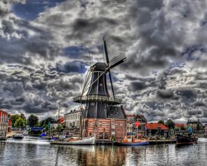 Preview wallpaper mill, sky, clouds, buildings, hdr