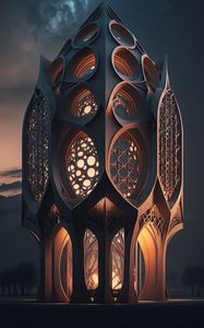 Preview wallpaper minaret, building, light, architecture, dark