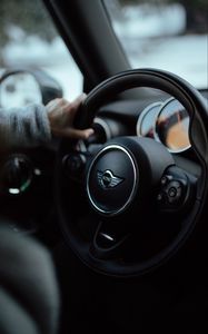 Preview wallpaper mini cooper, car, steering wheel, hand